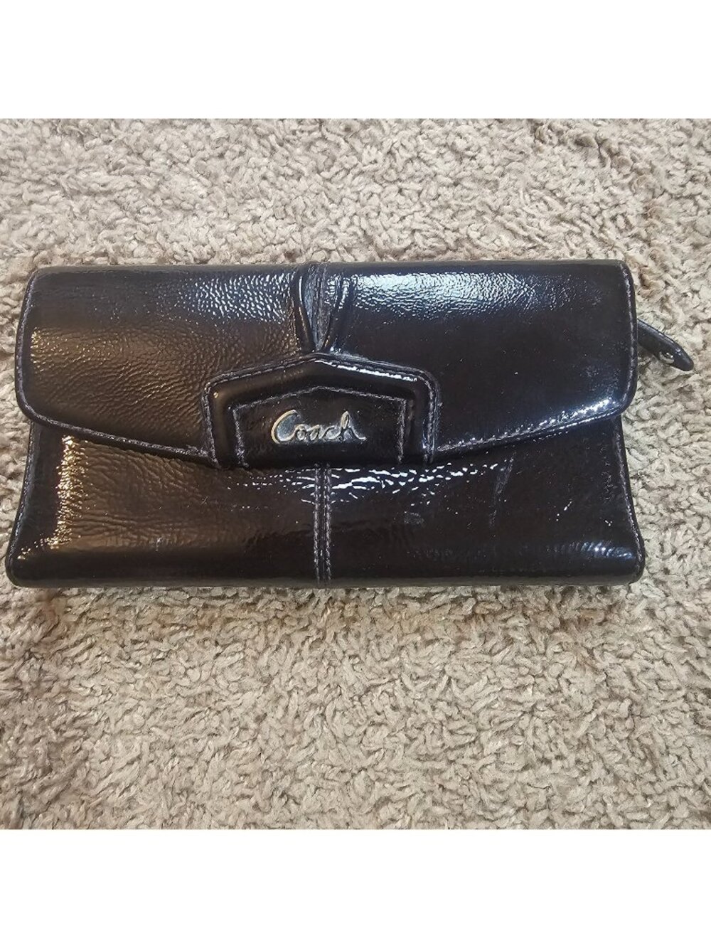 Coach Patent Leather Wallet Tri Fold Clutch Checkbook Holder Long Logo GUC - Picture 1 of 7